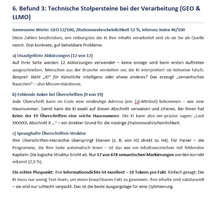 Anonymisierter technischer Befund aus einer realen KI-Sichtbarkeitsanalyse