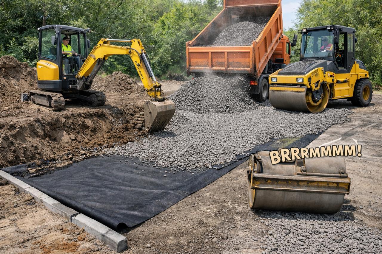 Подготовка на терен за асфалт – използване на мини багер и валяк за трамбоване