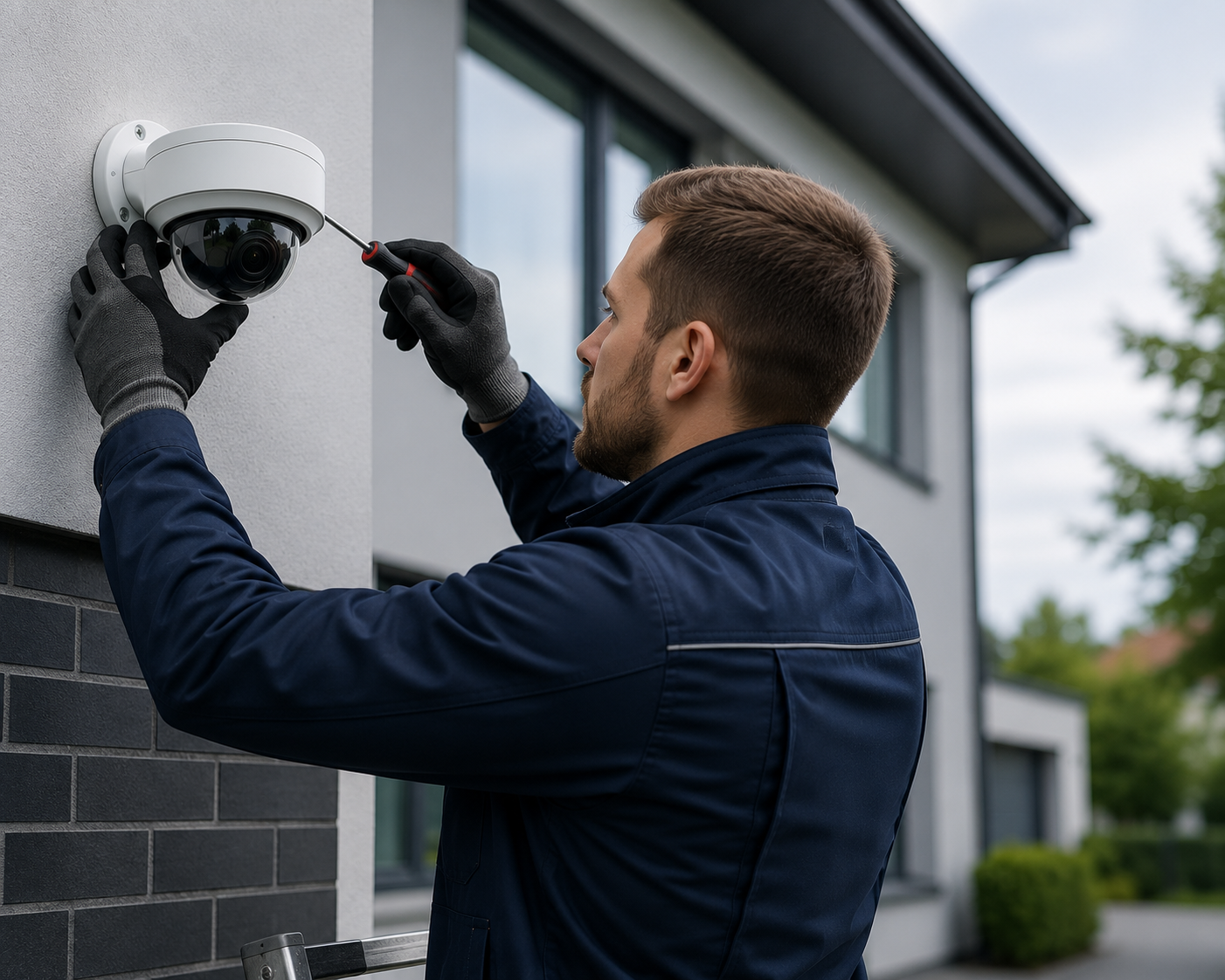 Security engineer installing and adjusting a CCTV camera