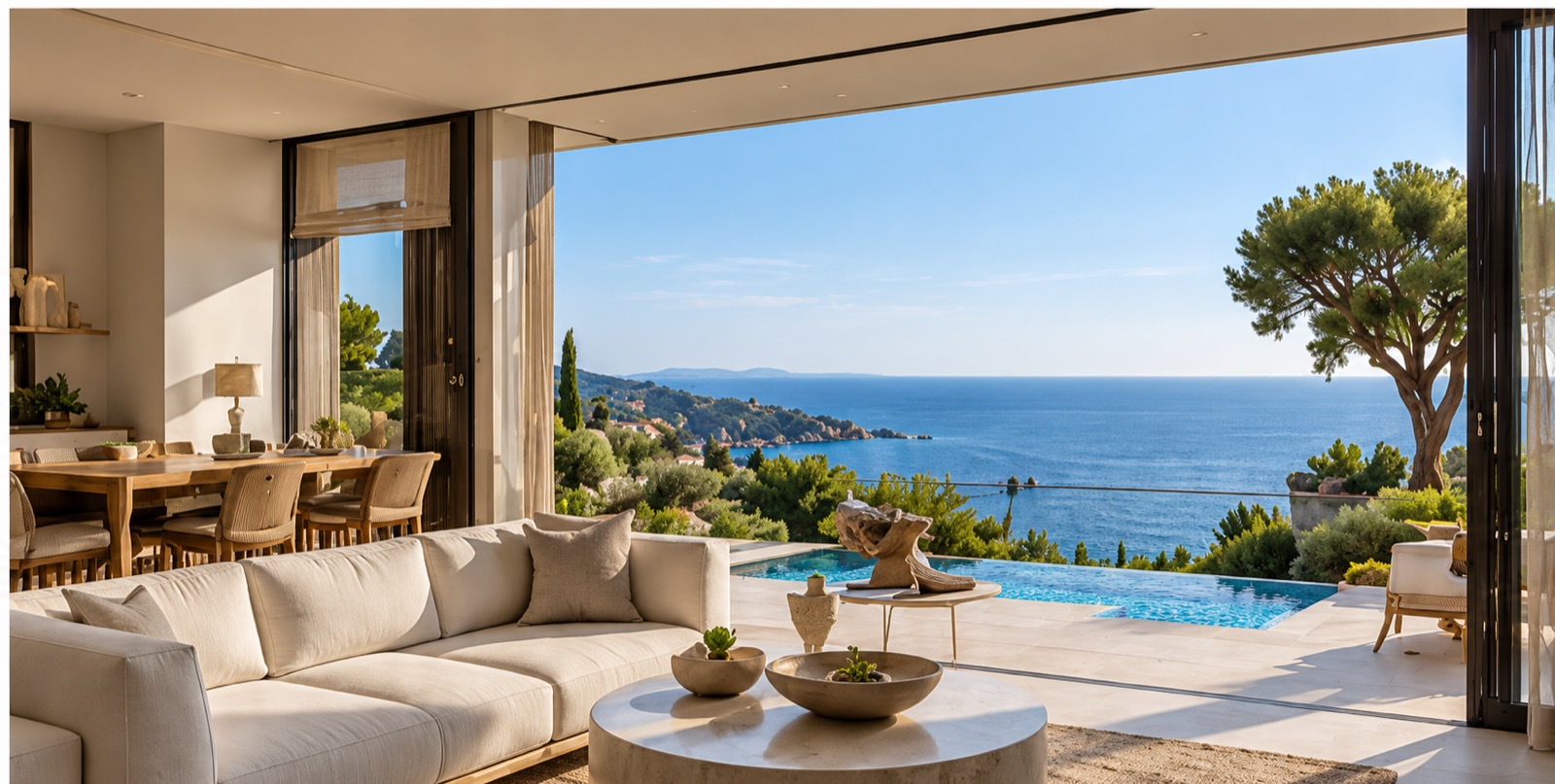 Salon contemporain ouvert sur la mer