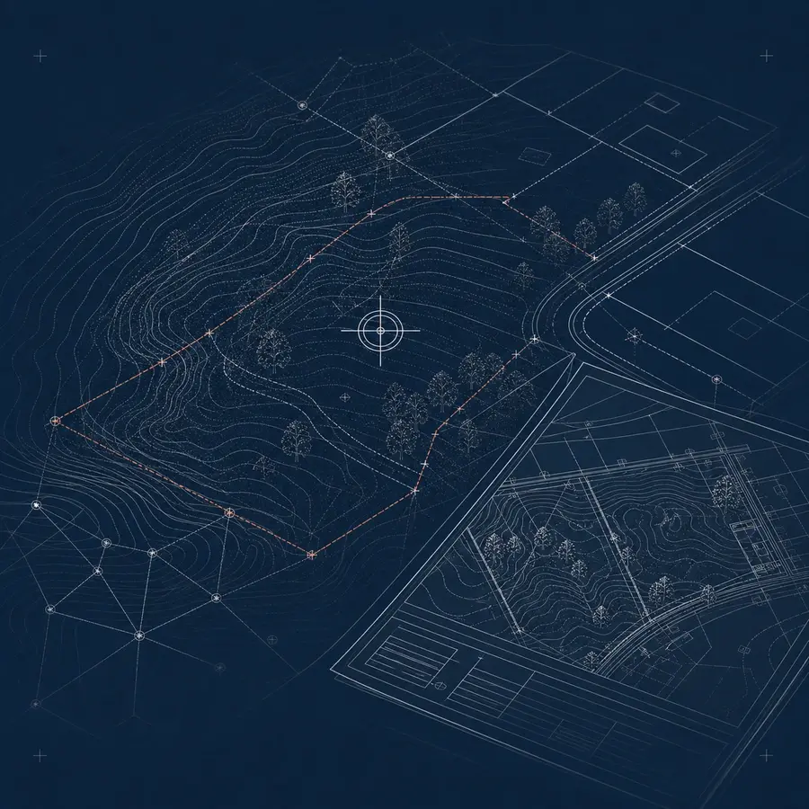 Topogrāfiskā plāna tehniska ilustrācija ar reljefu, būvēm un inženiertīkliem