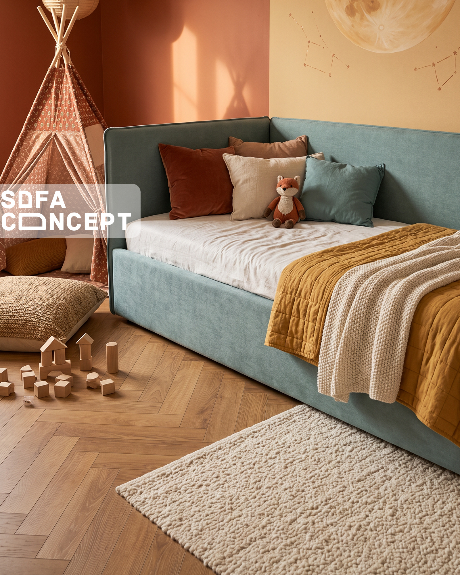Дитяче м’яке ліжко concept №10 у блакитному кольорі в інтер’єрі дитячої кімнати