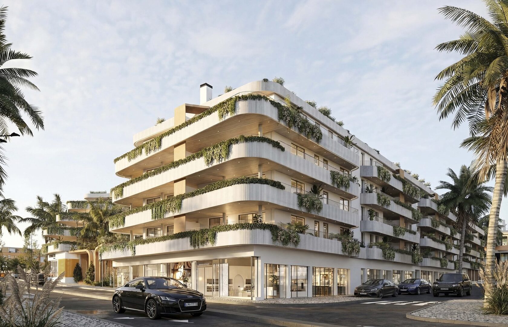 Street-corner facade with ground-floor retail