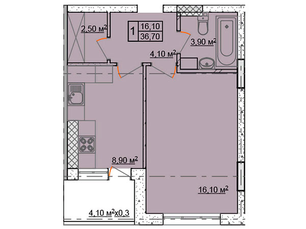 Первый вариант планировки 1-комнатной квартиры в Club Marine 2