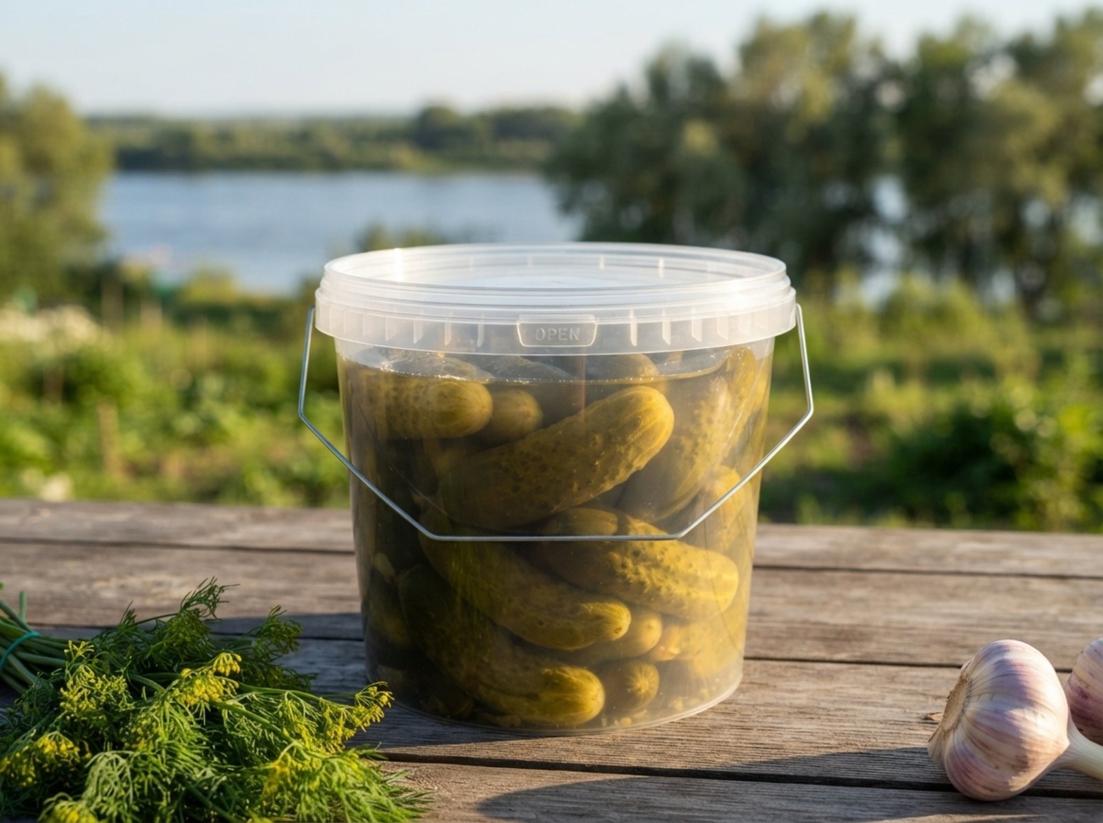 Прозрачное пластиковое ведро 3,8 литра с маринованными огурцами и крышкой на садовом столе у Иртыша, слева пучок укропа, справа головка чеснока, позади река и ивы