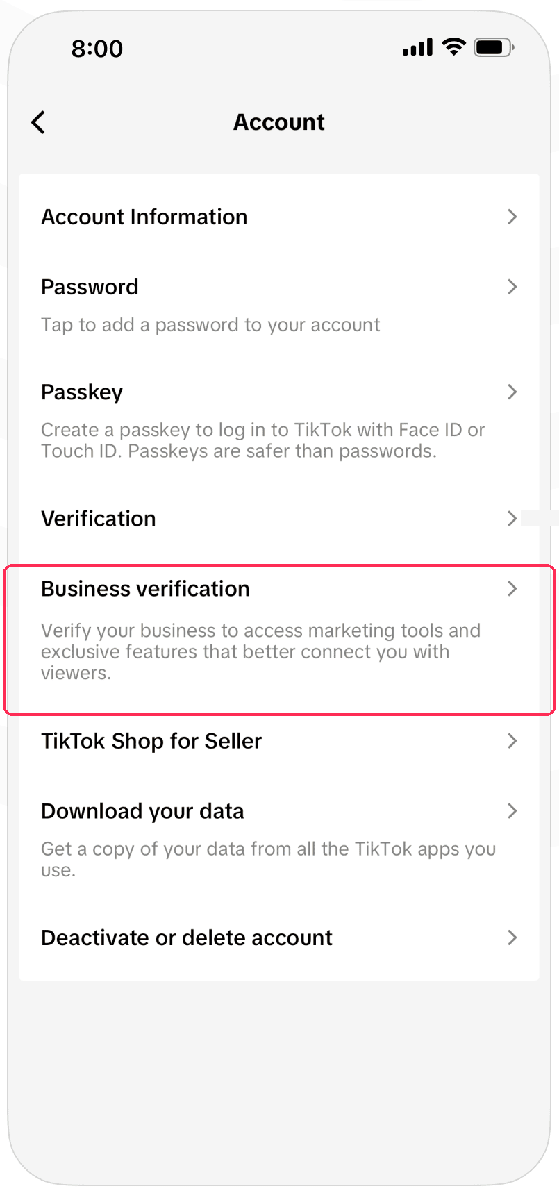 Пункт проверки бизнеса в настройках аккаунта TikTok