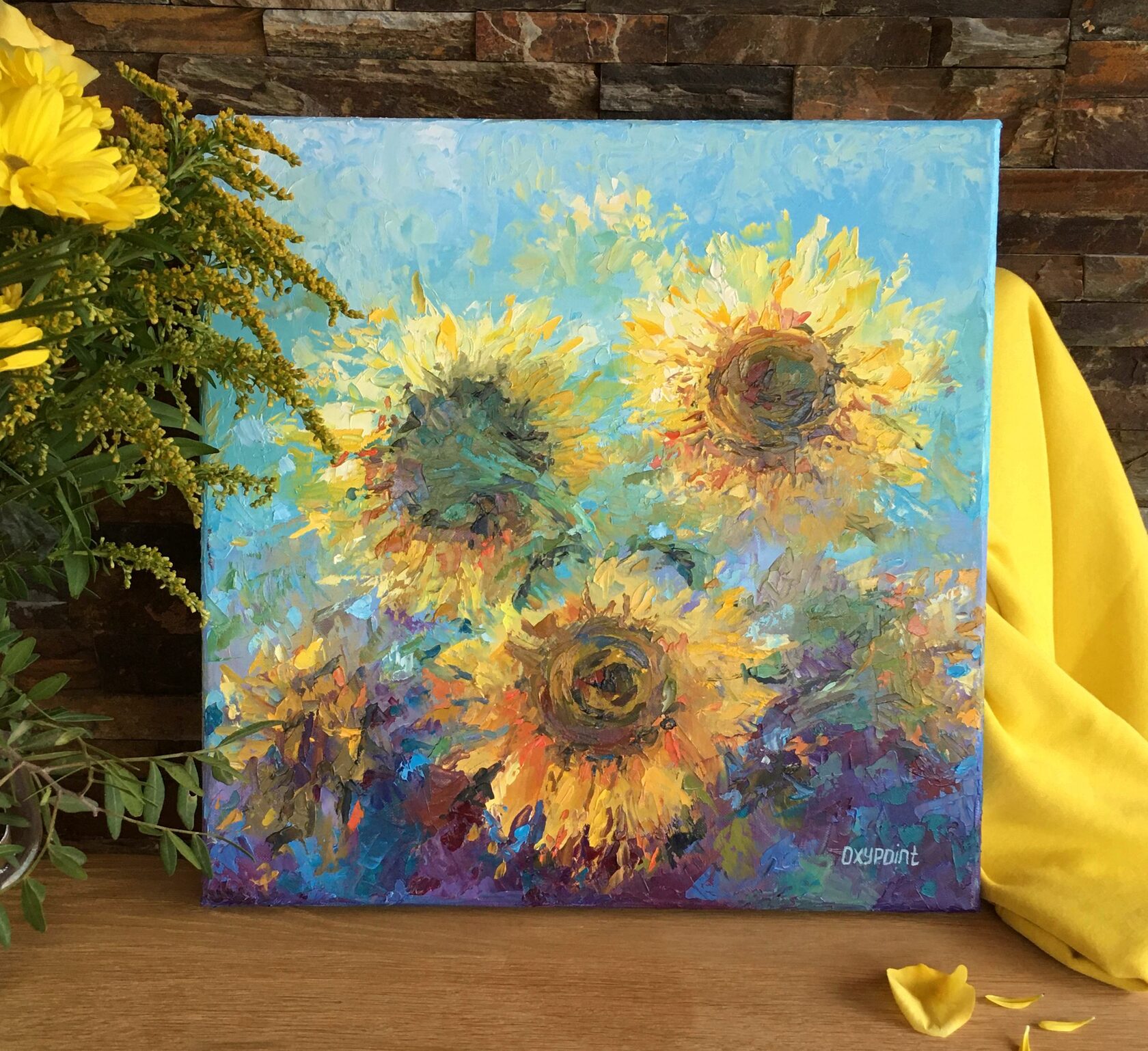 sunflowers oil painting, wildflowers abstract art, sunflower knife painting, artist OXYPOINT Oxana Kravtsova