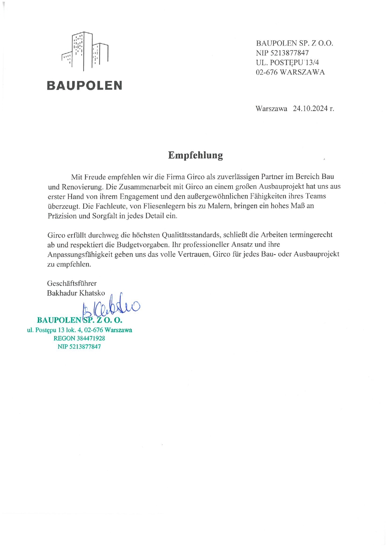 a letter of thanks from the HerVaàM Groep company