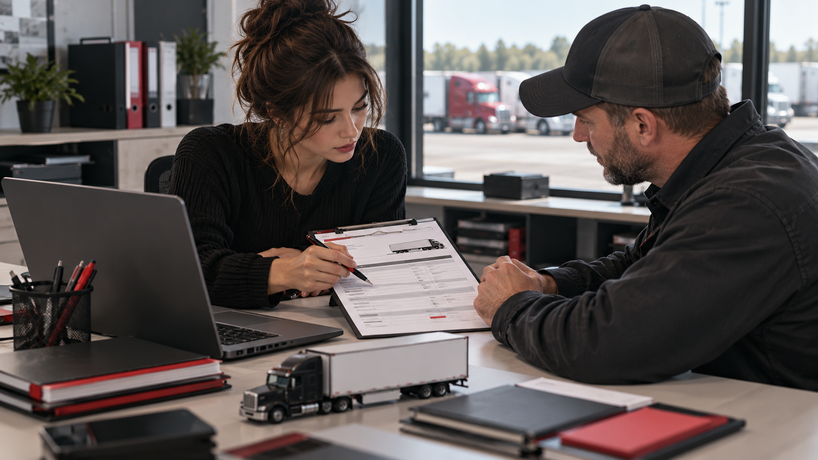 Carrier representative and dispatcher reviewing an onboarding profile.