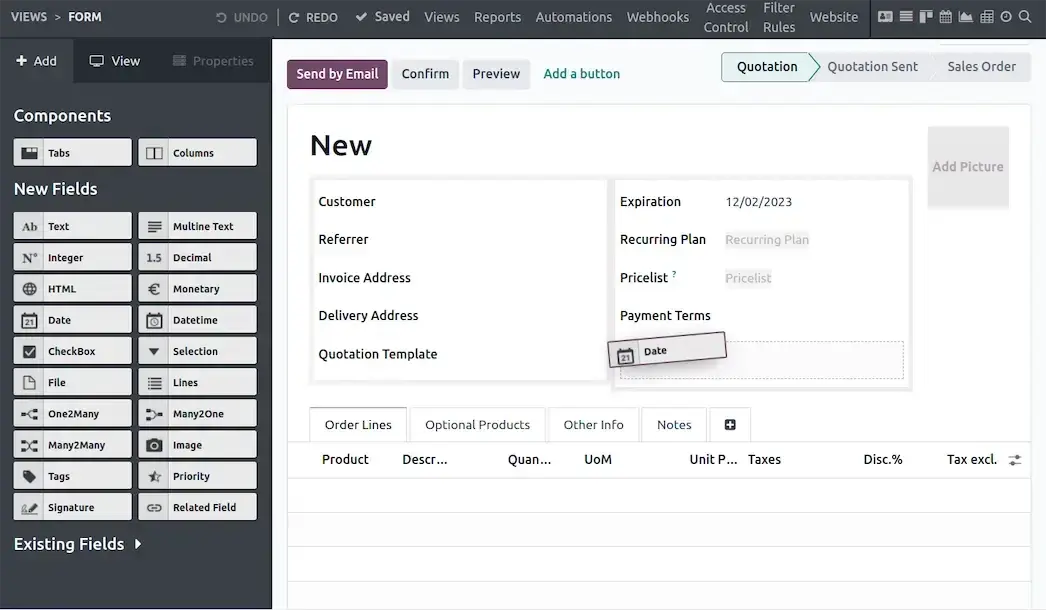 Odoo Studio da yangi maydon qoʻshish: maydon turlari va savdo buyurtmasi formasi