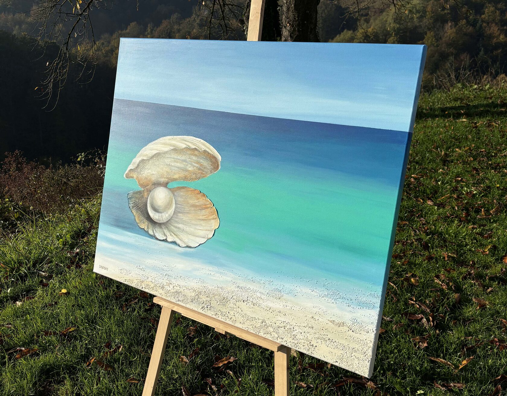 Acrylic painting pearl, mixed media, sea sand texture, open seashell, oceanic beauty, turquoise sea, waves, large wall art for sale, buy art from artist, buy original paintings, seascape, painting for sale Oxana Kravtsova Oxypoint