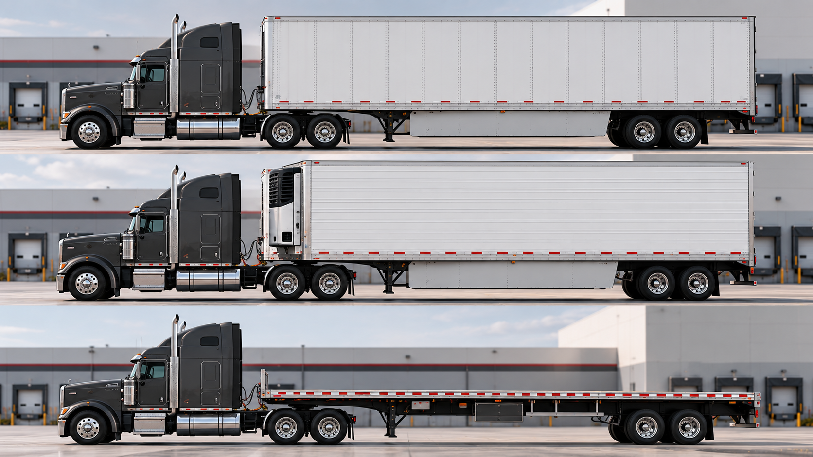 American trucks with dry-van, refrigerated, and flatbed trailers.