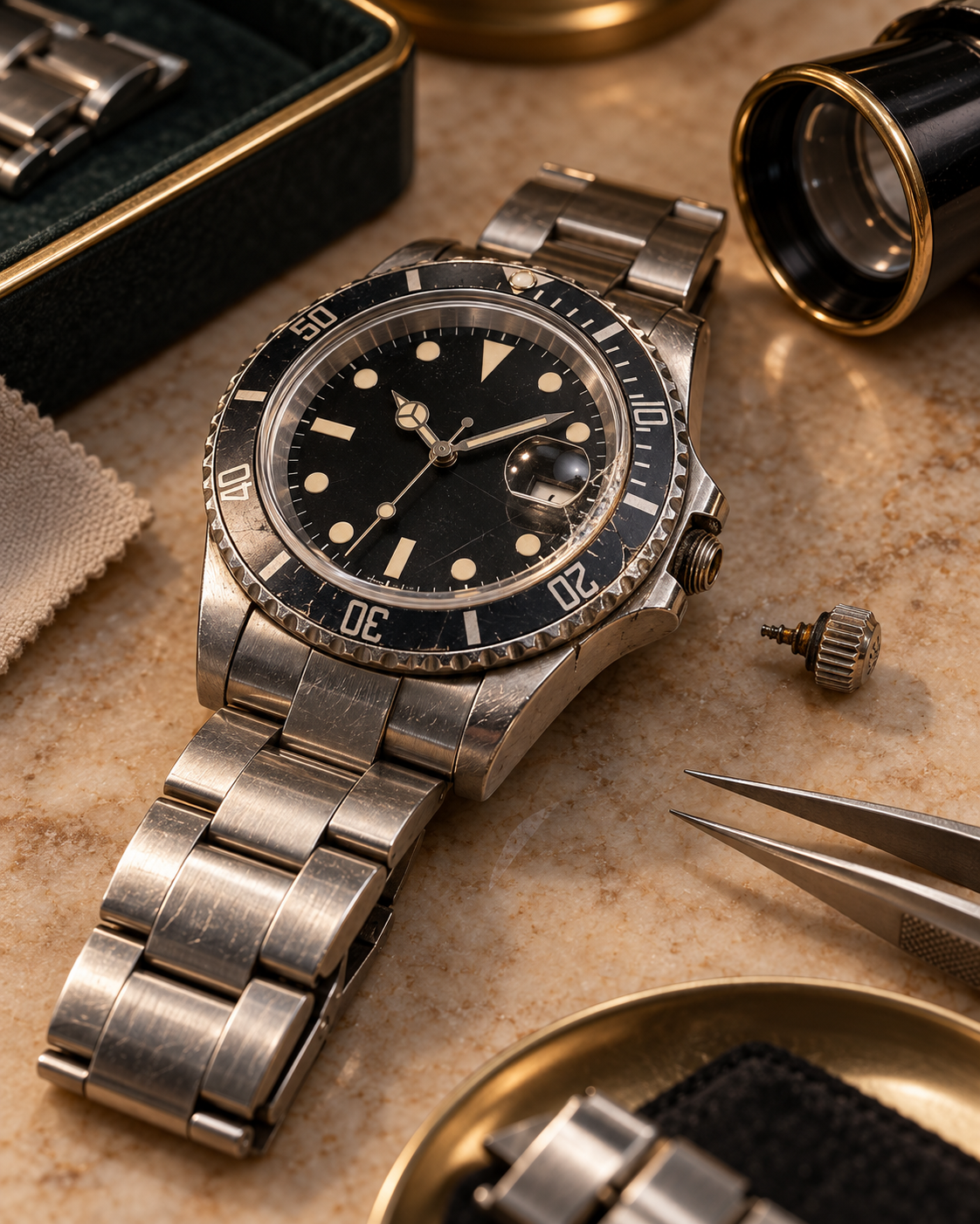 Pre-owned Rolex with fine surface scratches, bezel wear and visible case damage inspected during resale evaluation