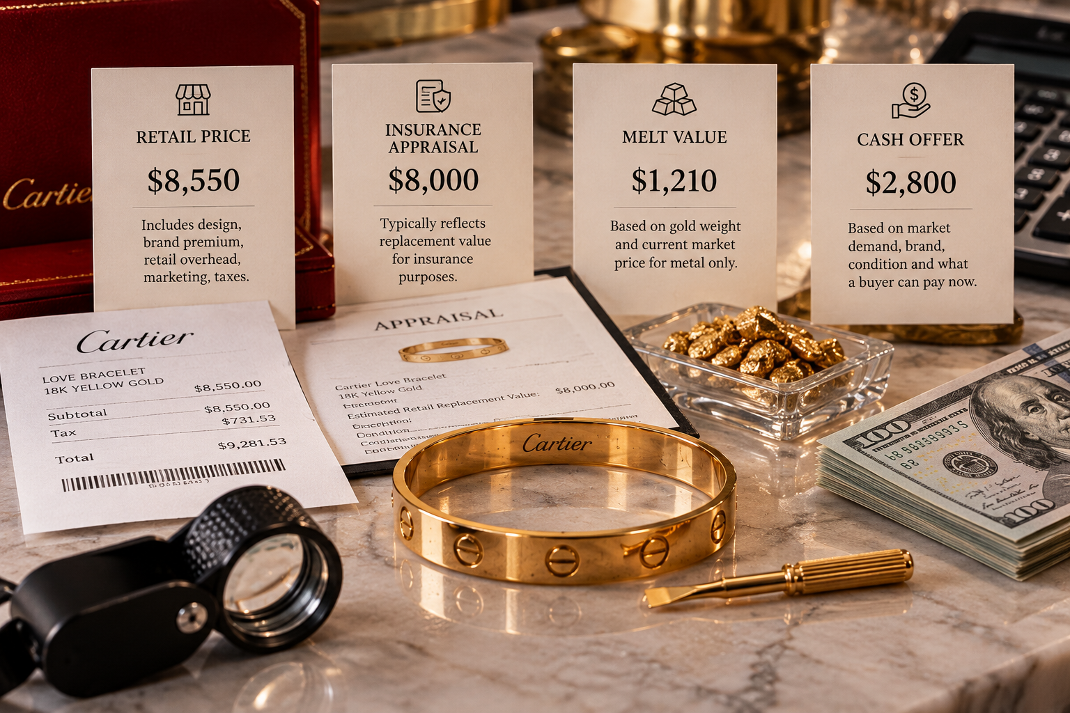 Gold bracelet compared across retail price, insurance appraisal, melt value and cash offer to illustrate why original retail price does not determine resale value