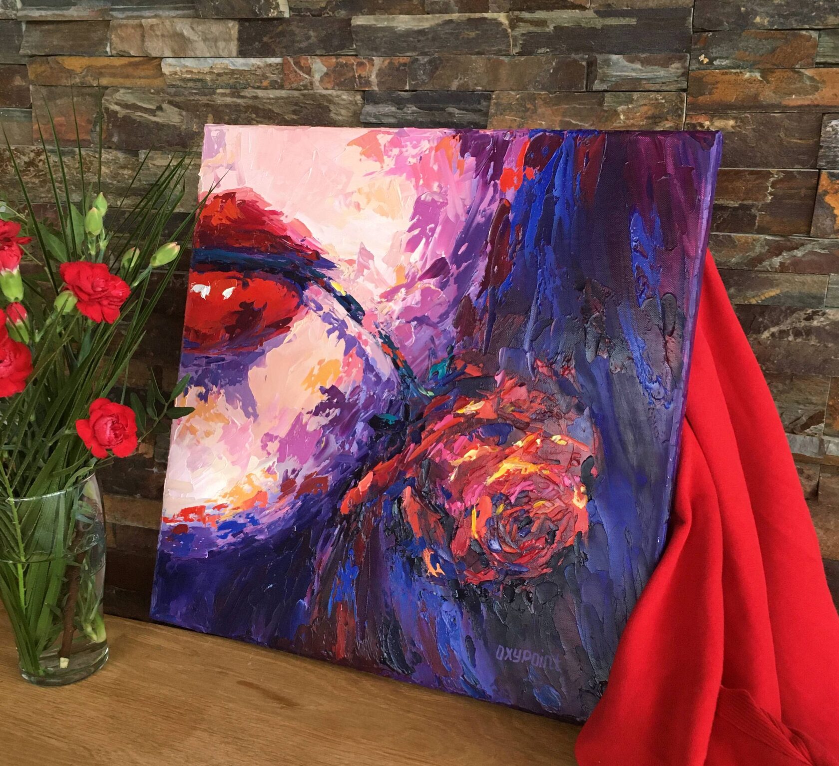 Red lips oil painting, contemporary portrait abstract art, flower rose in teeth knife painting, artist OXYPOINT Oxana Kravtsova, painting for sale 