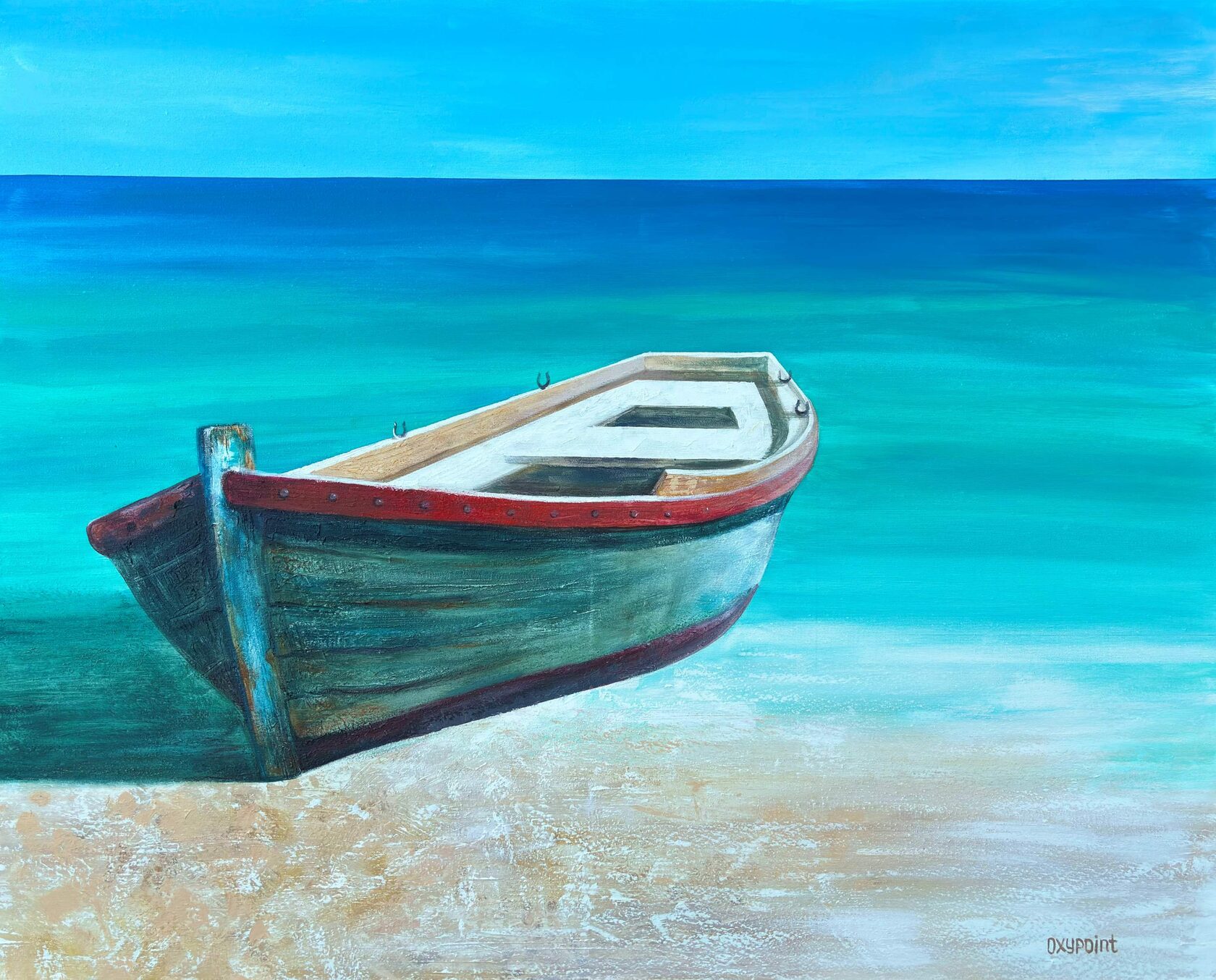 Acrylic painting boat, mixed media, turquoise sea, waves, large wall art for sale, buy art from artist, buy original paintings, seascape, painting for sale Oxana Kravtsova Oxypoint