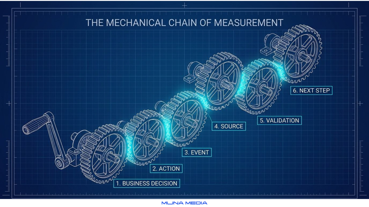 The mechanical chain of measurement: business decision, action, event, source, validation and next step as linked gears — Muna Media