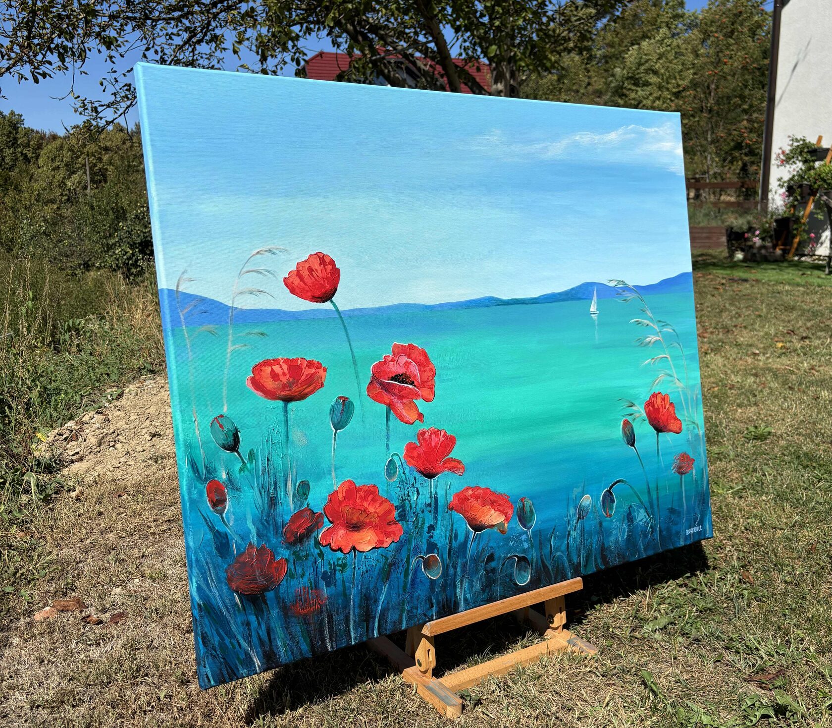 Acrylic painting Poppy, Poppies, White Sails, mixed media Turquoise Sea, large wall art for sale, buy art from artist, buy original paintings, Sea boats, seascape, stones in the sea, painting for sale Oxana Kravtsova Oxypoint