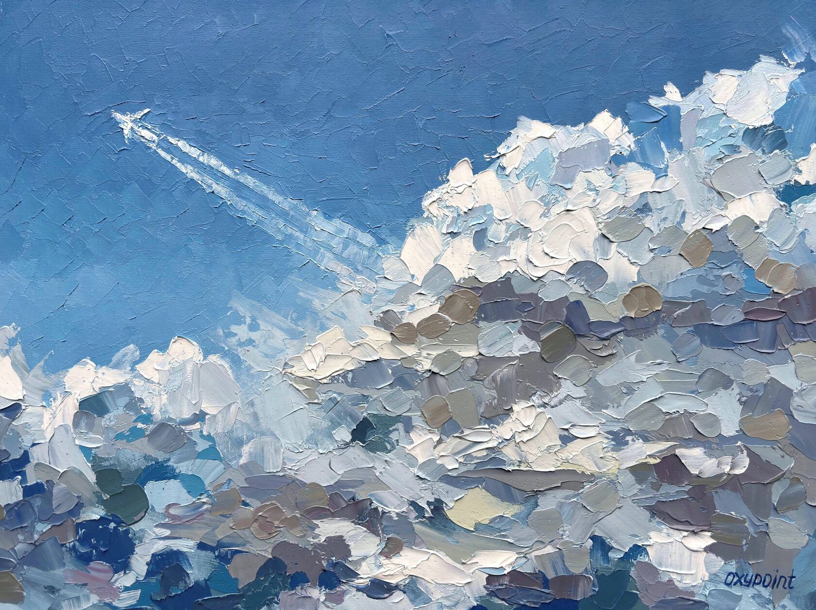 Airplane in the clouds oil painting, cloud abstract art, sky knife painting, artist OXYPOINT Oxana Kravtsova, painting for sale 