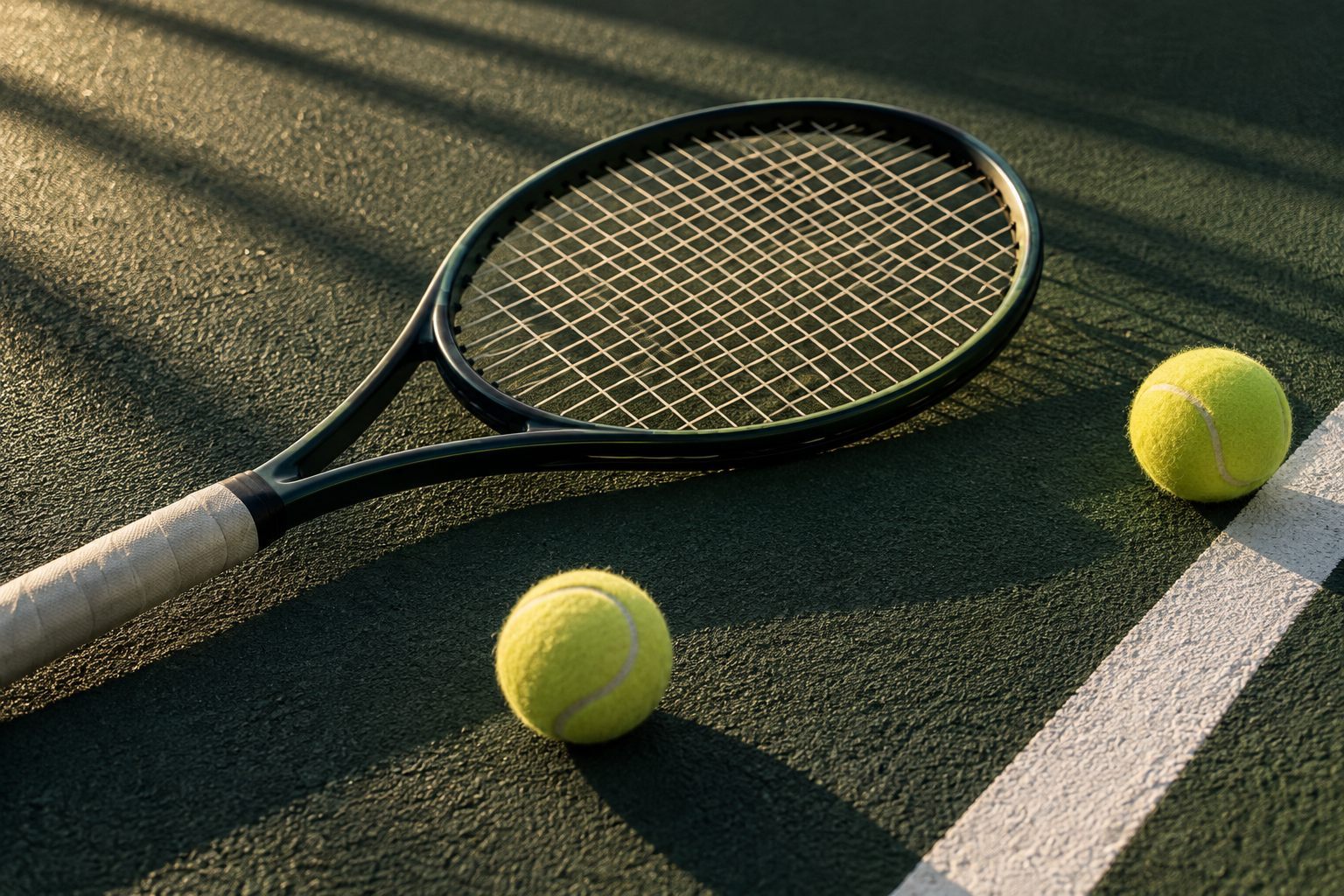 Tennis racket and balls beside a court line