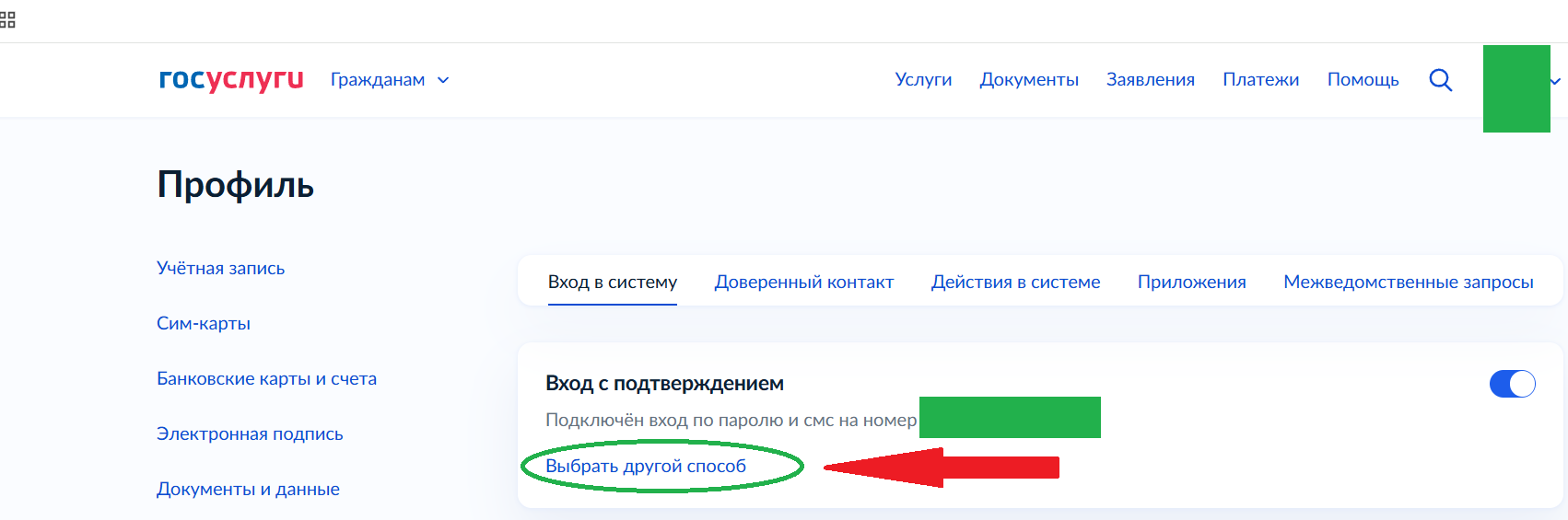 Страница настроек профиля в разделе “Вход в систему” на портале Госуслуги. В блоке подтверждённого входа красная стрелка указывает на ссылку “Выбрать другой способ”, выделенную зелёным овалом.