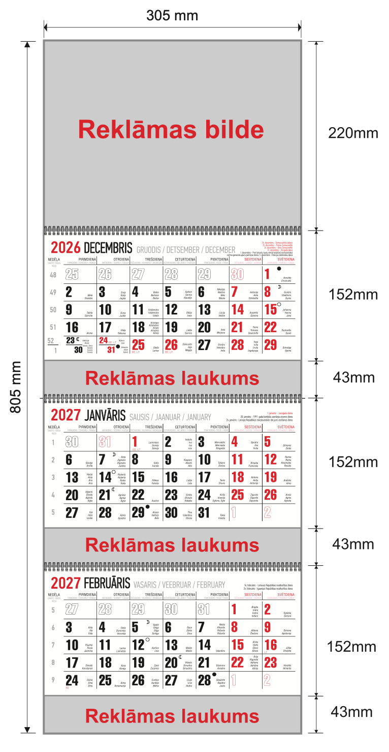 Схема календаря TRIO: 305 × 805 мм