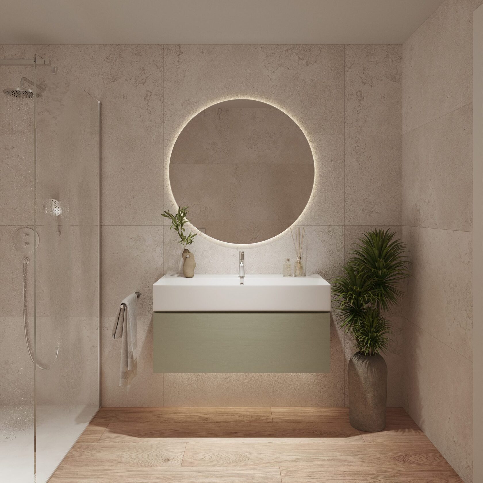 Guest bathroom in stone and soft green