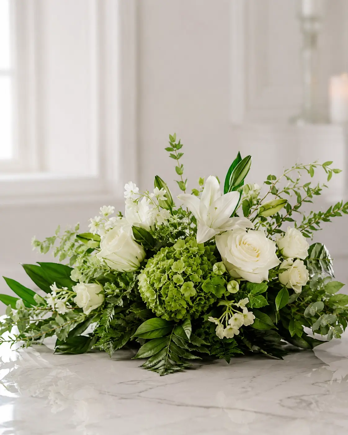 Dezentes Trauergesteck mit weißen und grünen Blumen