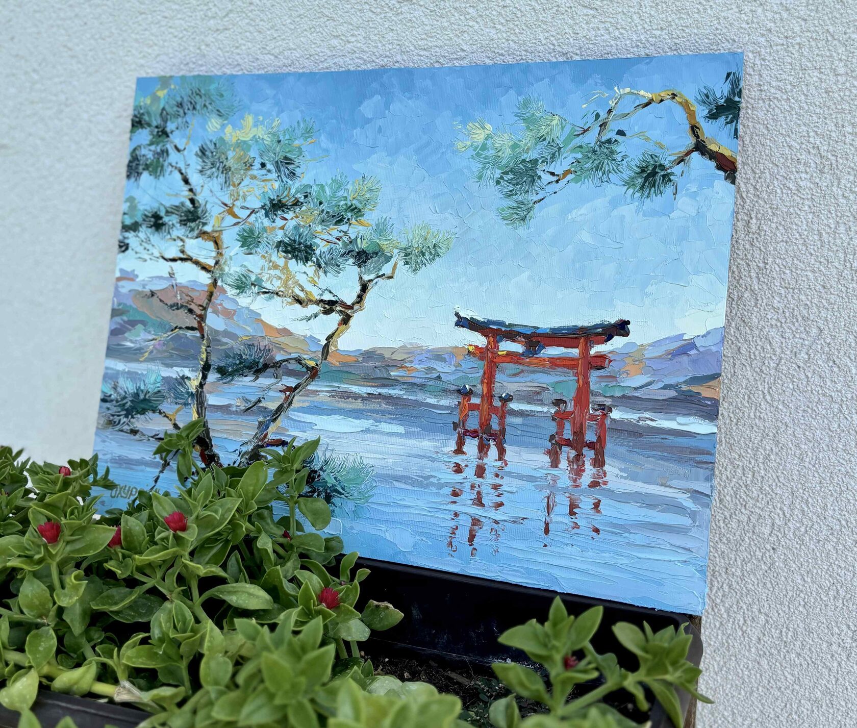 Torii oil painting, Red Japanese Gate palette knife painting, Pine Trees and Lake Engraving modern painting, contemporary artist Kravtsova Oxana Oxypoint, paintings for sale