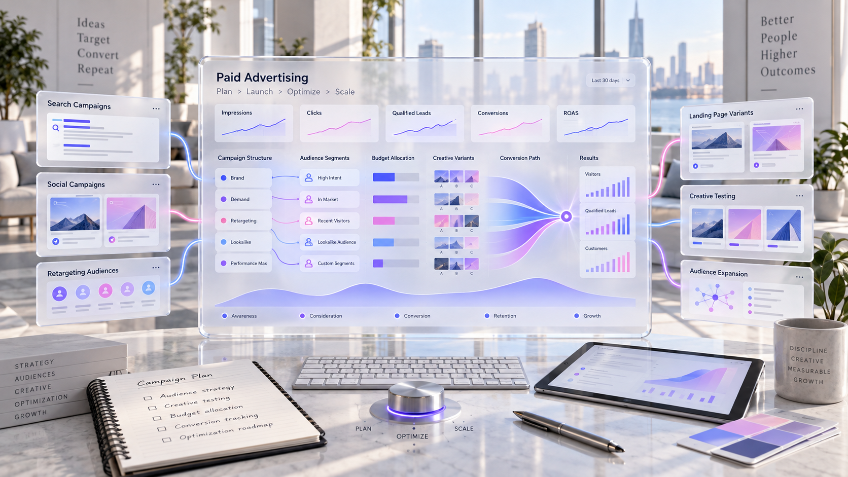 Paid advertising workspace with campaign performance, audience targeting, creative testing and conversion analytics