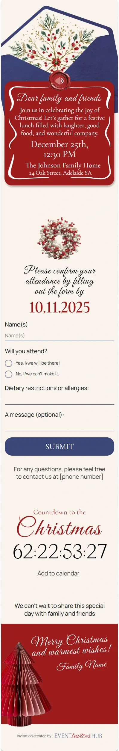 Invitation page: red card reading Dear family and friends with date, time and venue, RSVP form with name, attendance and dietary restrictions, countdown to Christmas, add to calendar, and a Merry Christmas sign-off