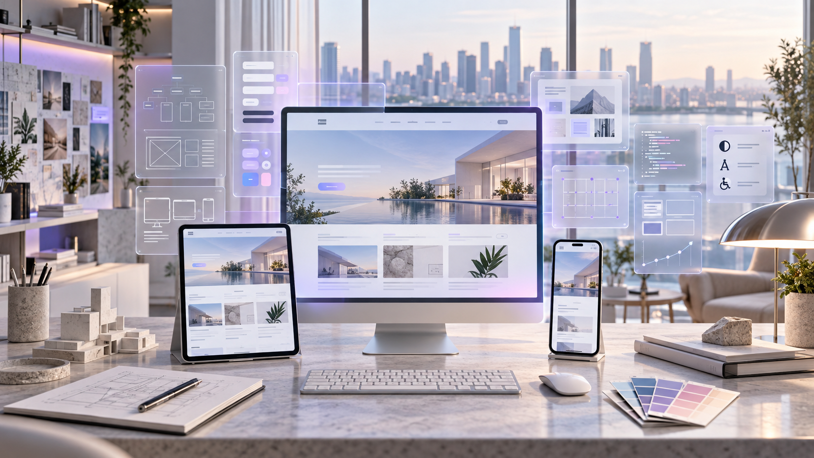 Website design and development workspace with responsive layouts, wireframes and interface components