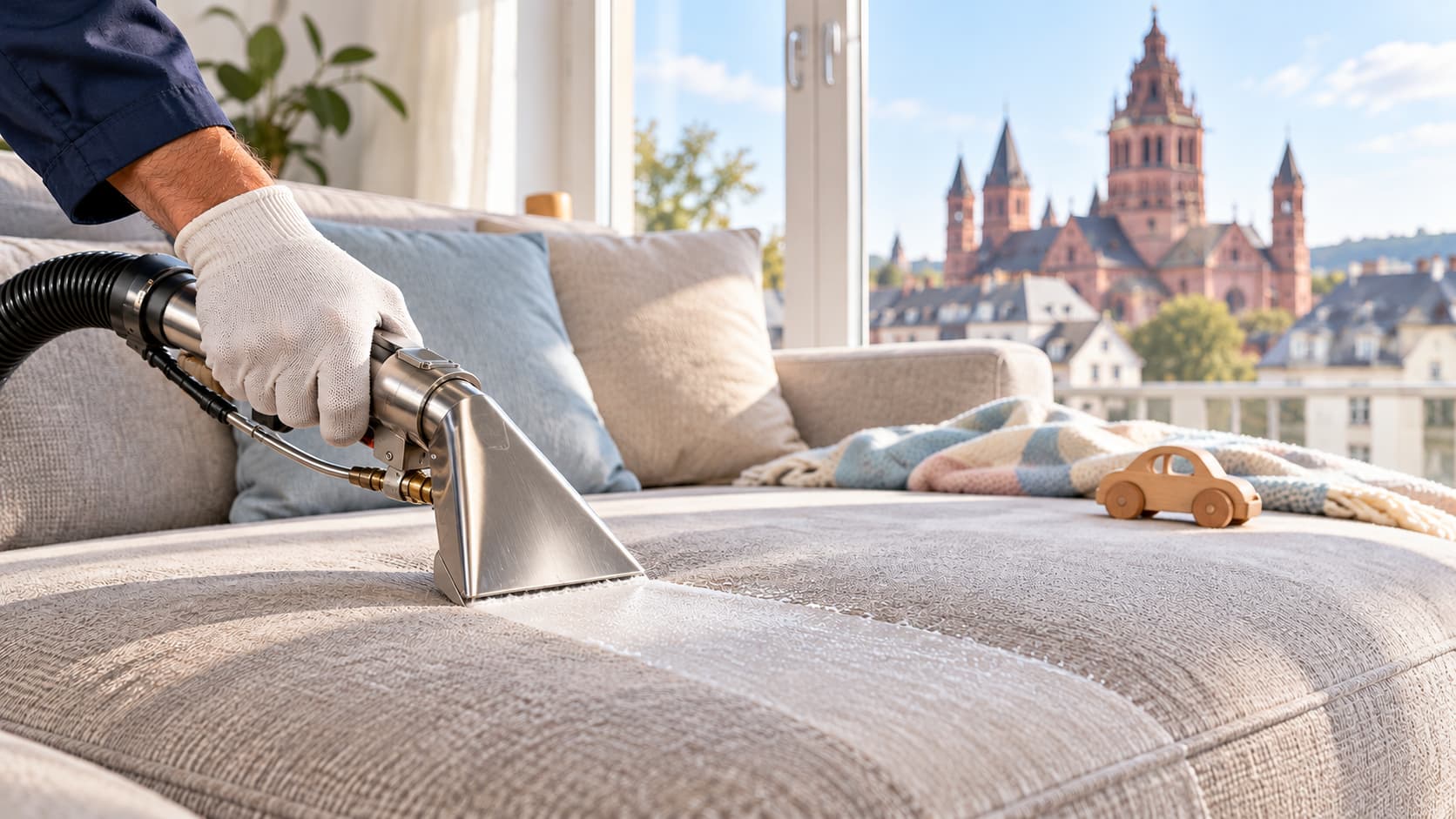 Familiensofa reinigen lassen in Mainz – Shikardos Reinigung Profi-Düse reinigt ein helles Familiensofa am Fenster, dahinter die roten Türme des Mainzer Doms. Shikardos Reinigung aus Frankfurt reinigt Familiensofas in Mainz direkt bei Ihnen zu Hause – kindersicher und ohne Rückstände.