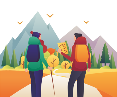 A couple of backpackers exploring a mountainous landscape, studying a map, enjoying active travel and outdoor adventures.