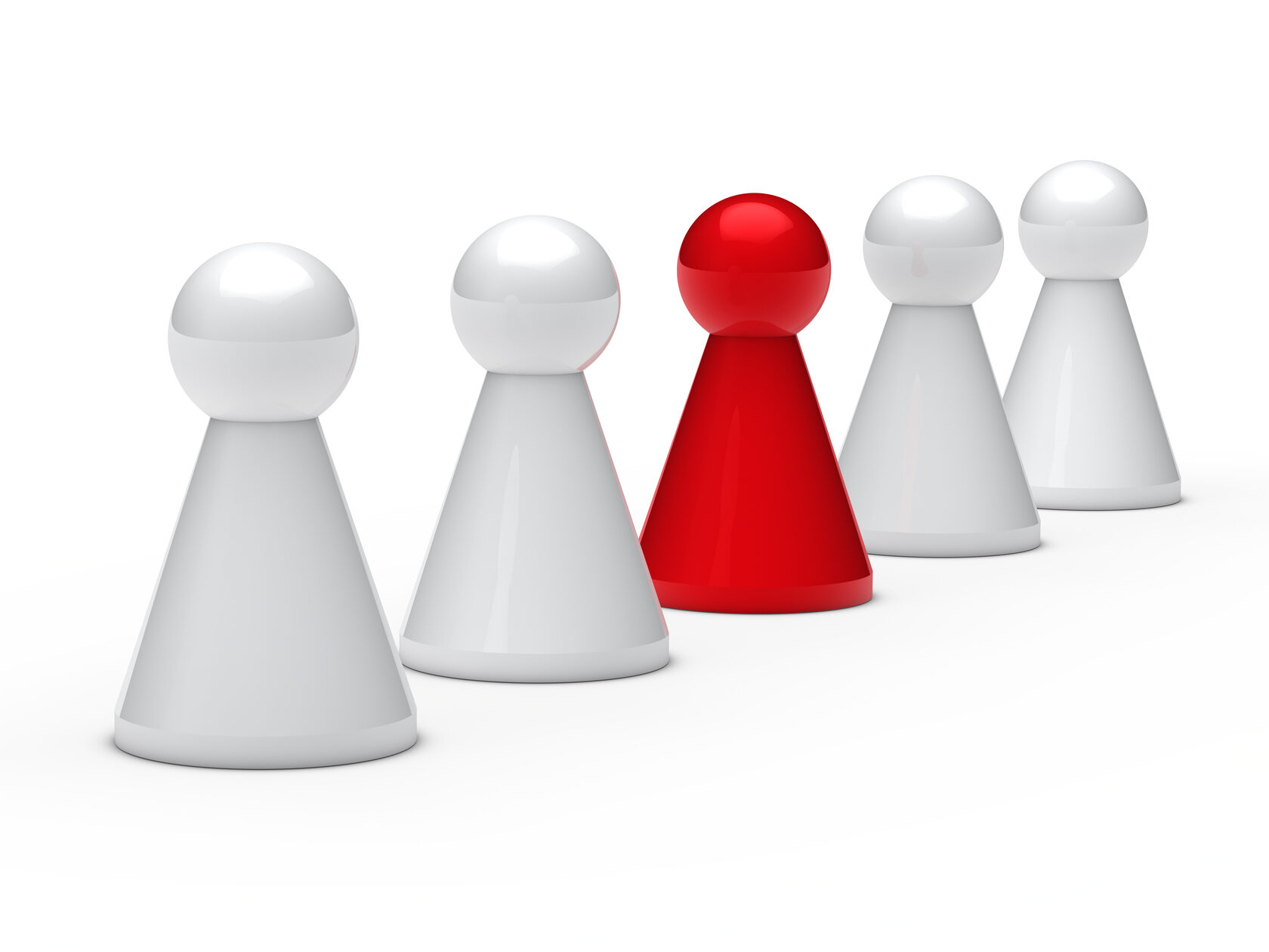 A row of white pawn chess pieces with a single red pawn in the center stands out prominently, much like skilled ruby developers who bring unique value to a team, against a stark white background.