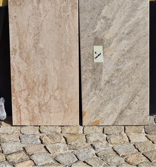 Natural stone and tile samples for material selection in a renovation project