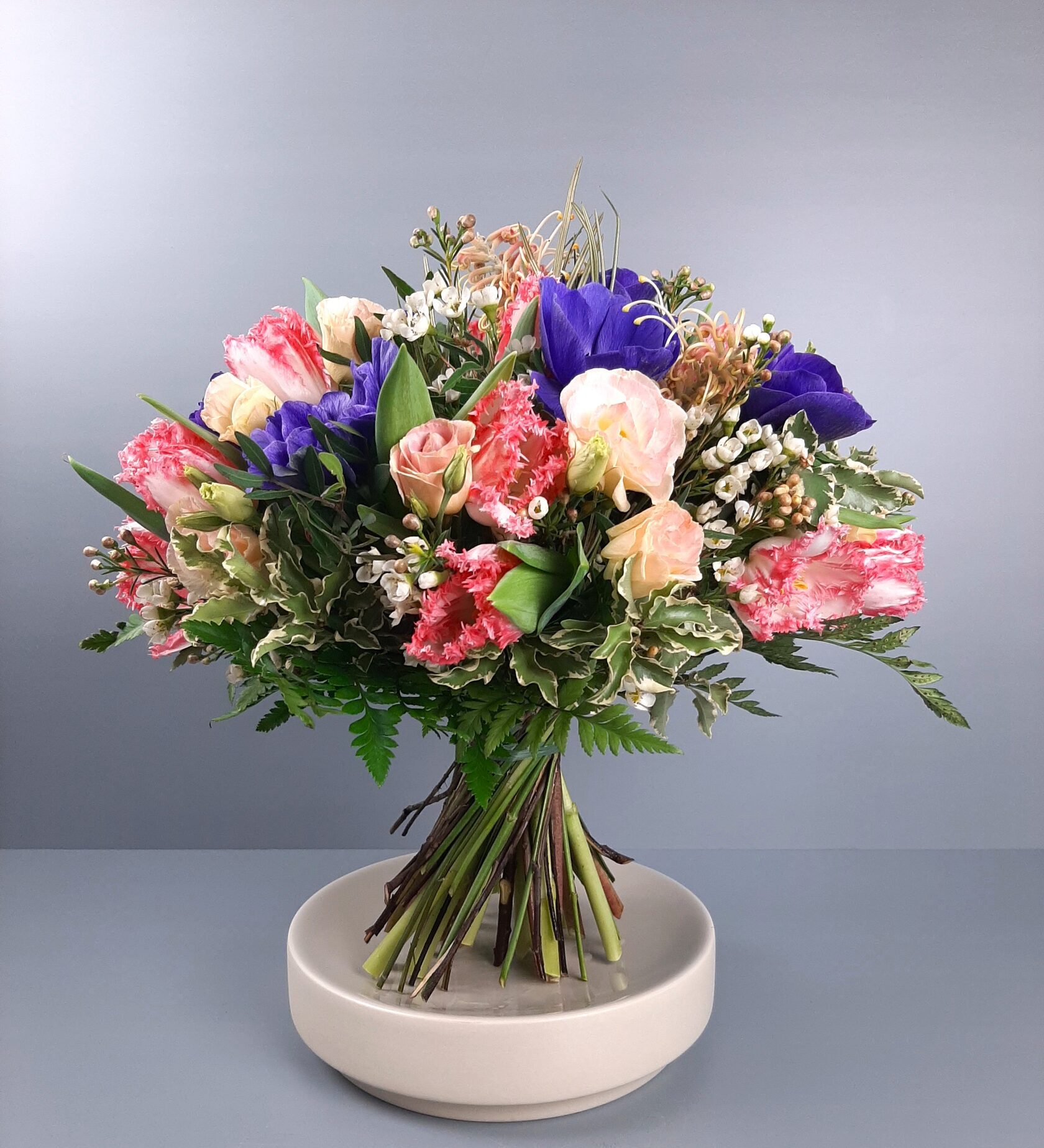a delicate bouquet with vibrant accents