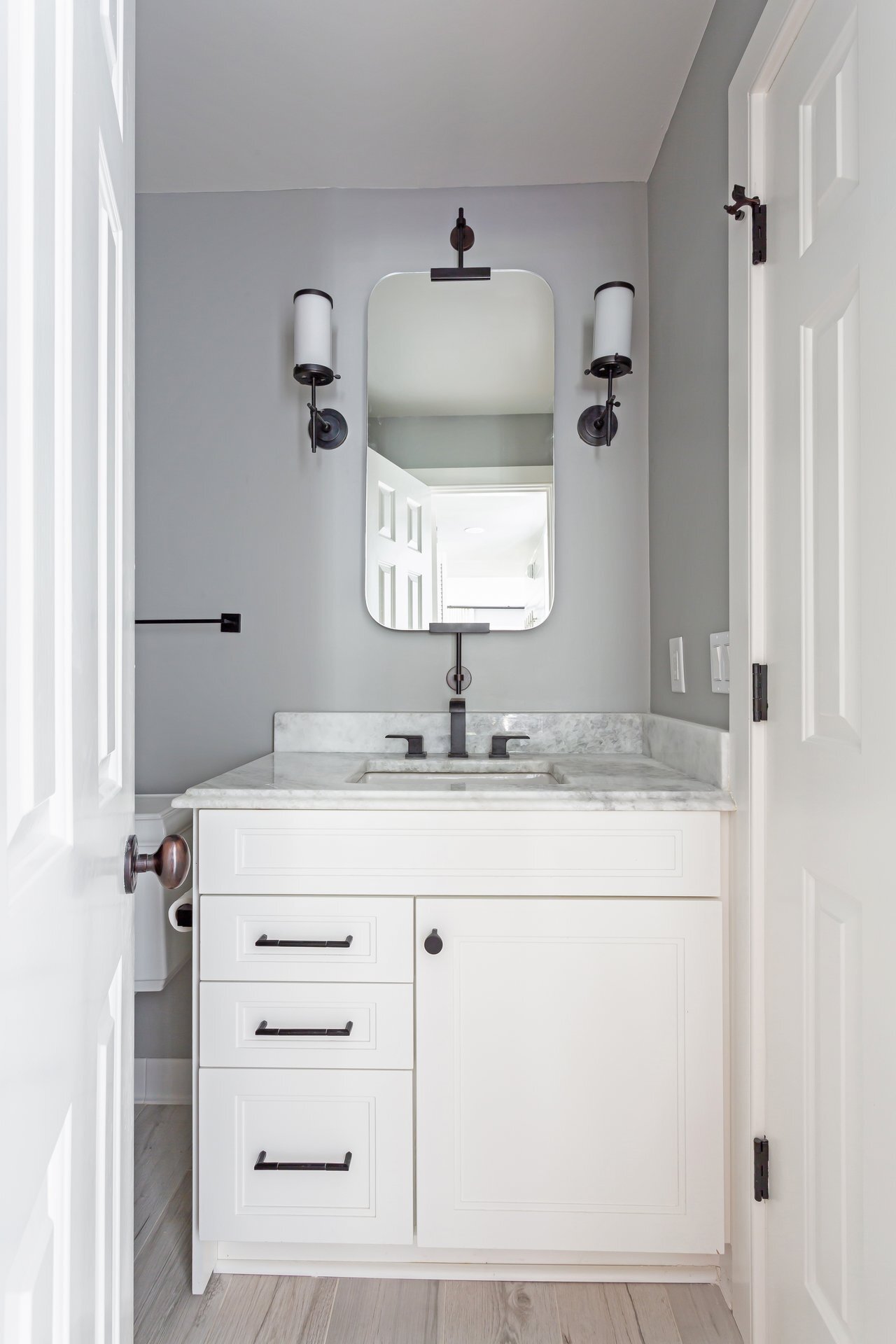 Fabrication and Installation of Vanity Countertop with Backsplash and Integrated Sink for a Compact Bathroom