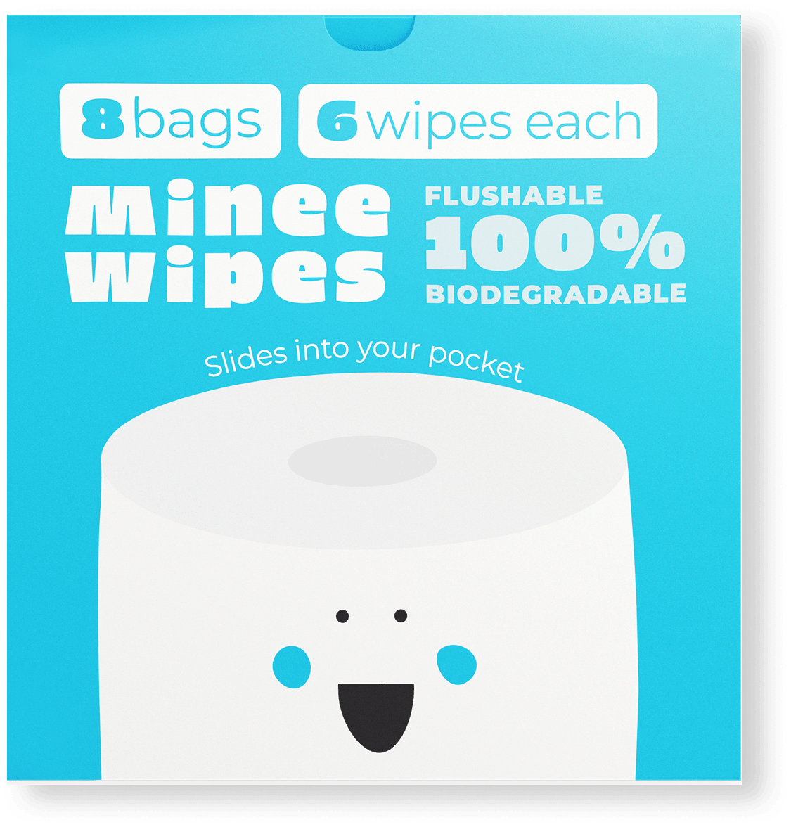 Minee Wipes box with 10 flushable mini packs – light blue packaging designed for easy storage and eco-friendly travel use.