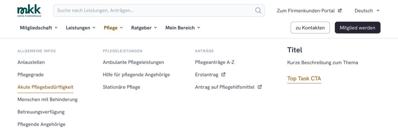 Wireframe of the improved header of the mkk website