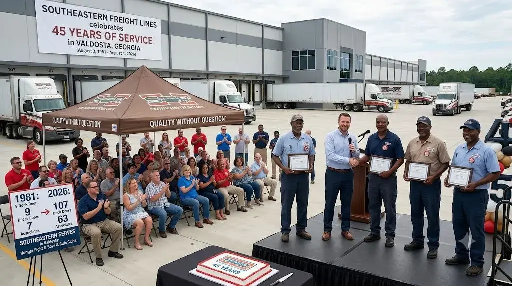 Southeastern Freight Lines truck and terminal facility representing 45 years of regional freight operations
