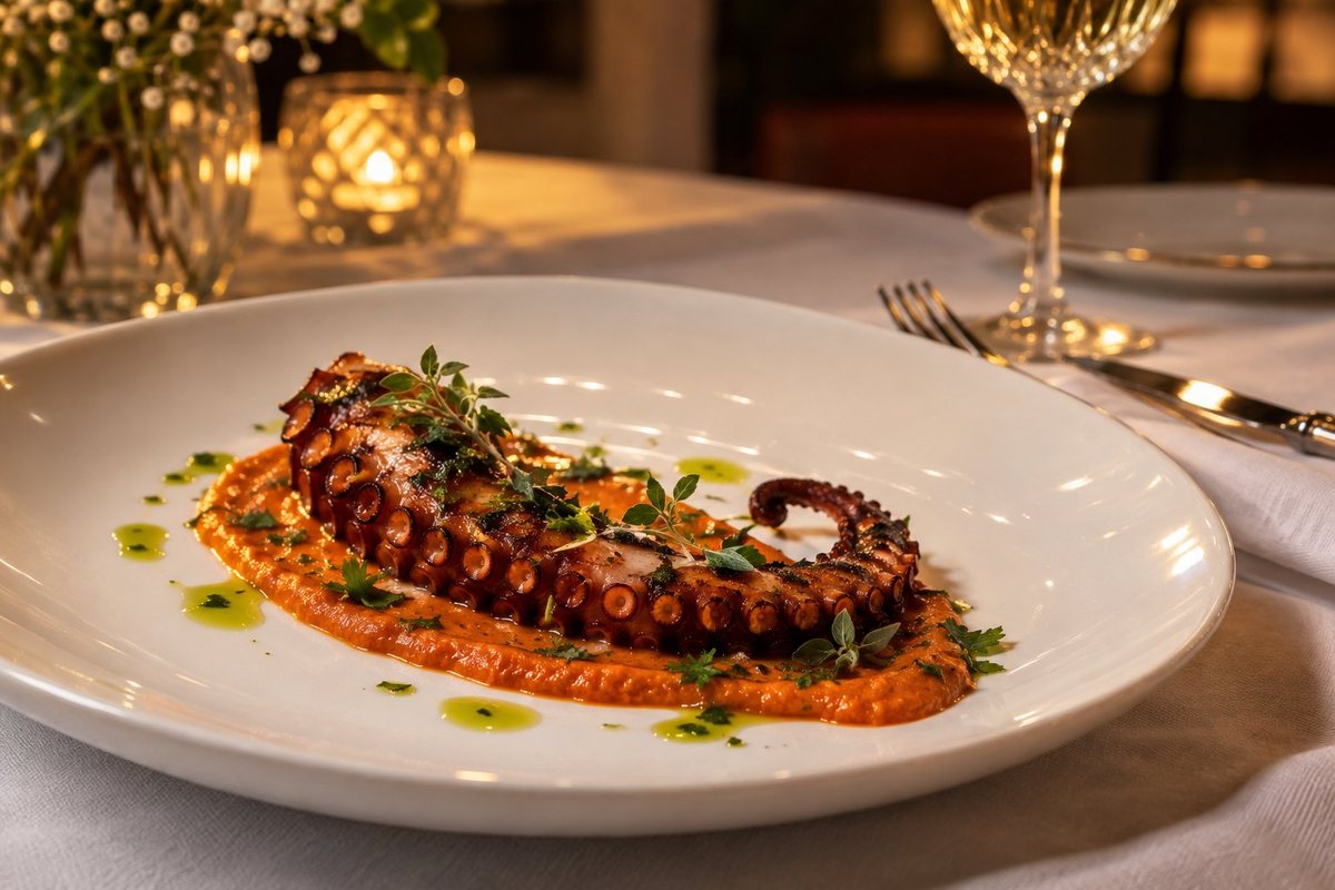 Illustration: octopus with romesco from an anniversary menu by private chef Marina Staver, Miami
