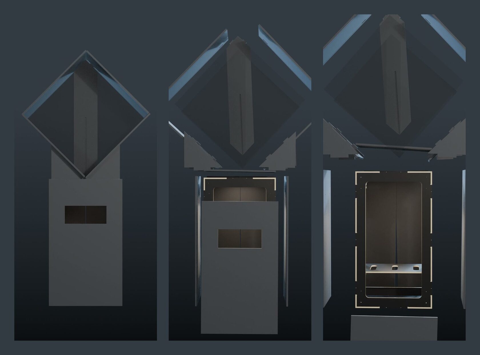 Housing shown assembled, opening, and fully exploded into panels with the internal frame visible