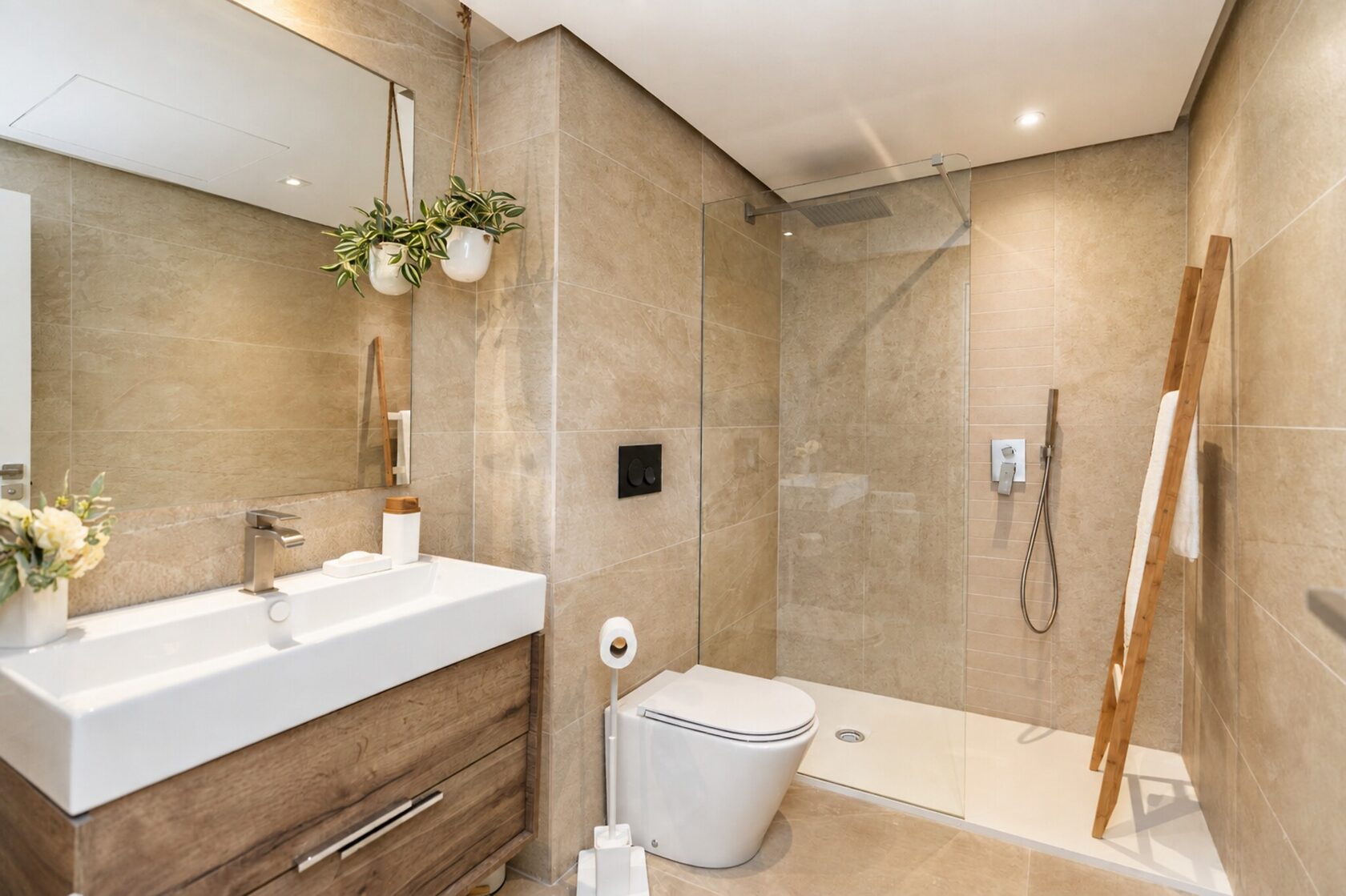 Main bathroom in a completed home with Jacob Delafon unit and double basin