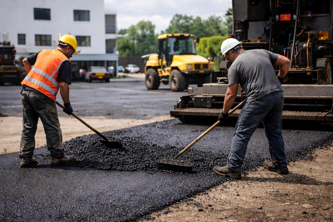 Асфалтиране на паркинг – ръчно разстилане на асфалт след машинно полагане