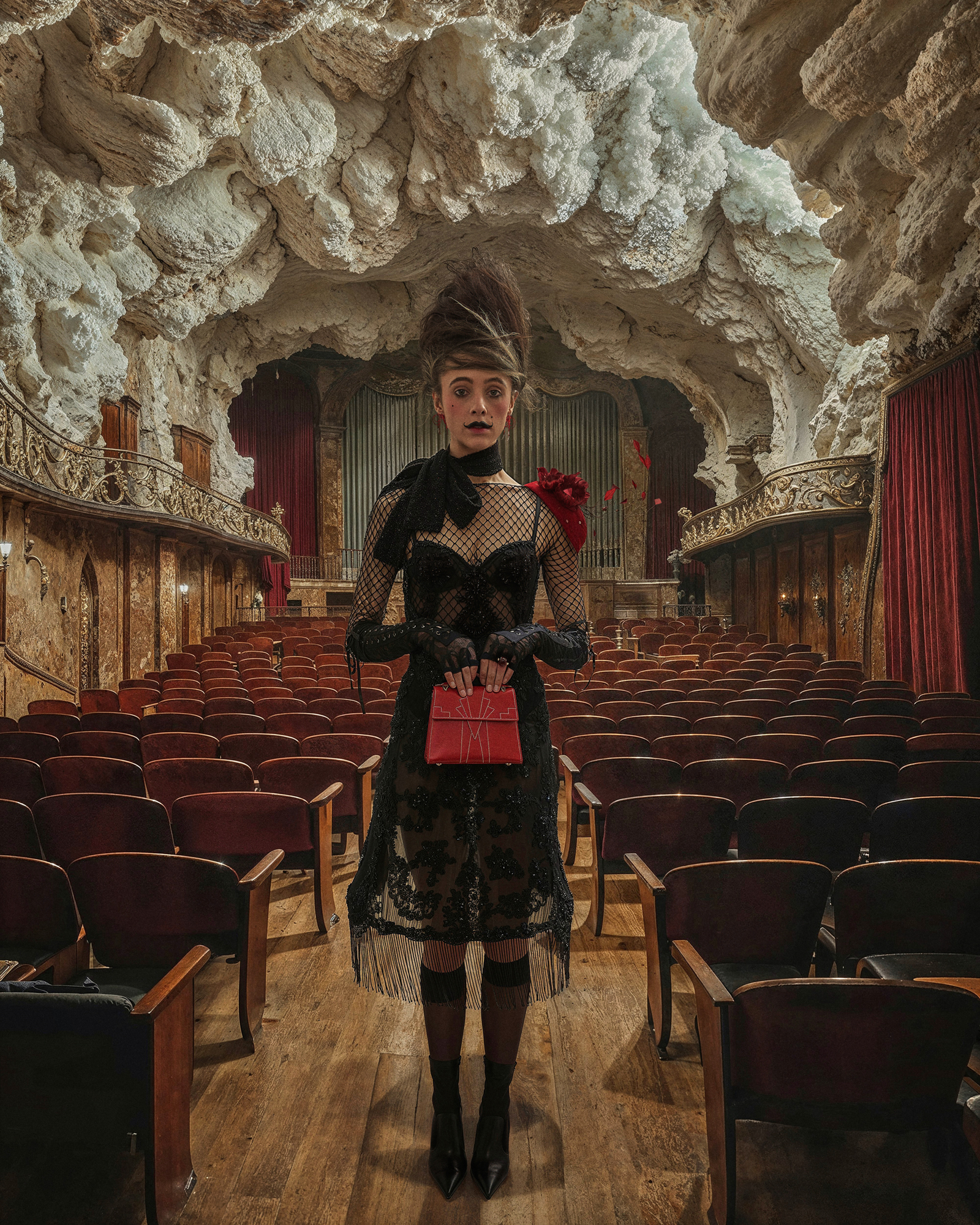 Poor Things fashion editorial on a grand theatre stage