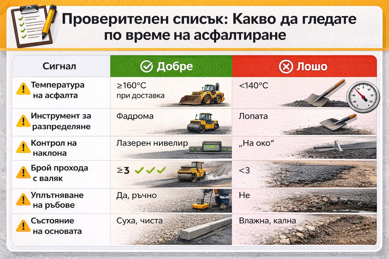Проверителен списък при асфалтиране – температура, уплътняване, наклон и състояние на основата (добре срещу лошо)