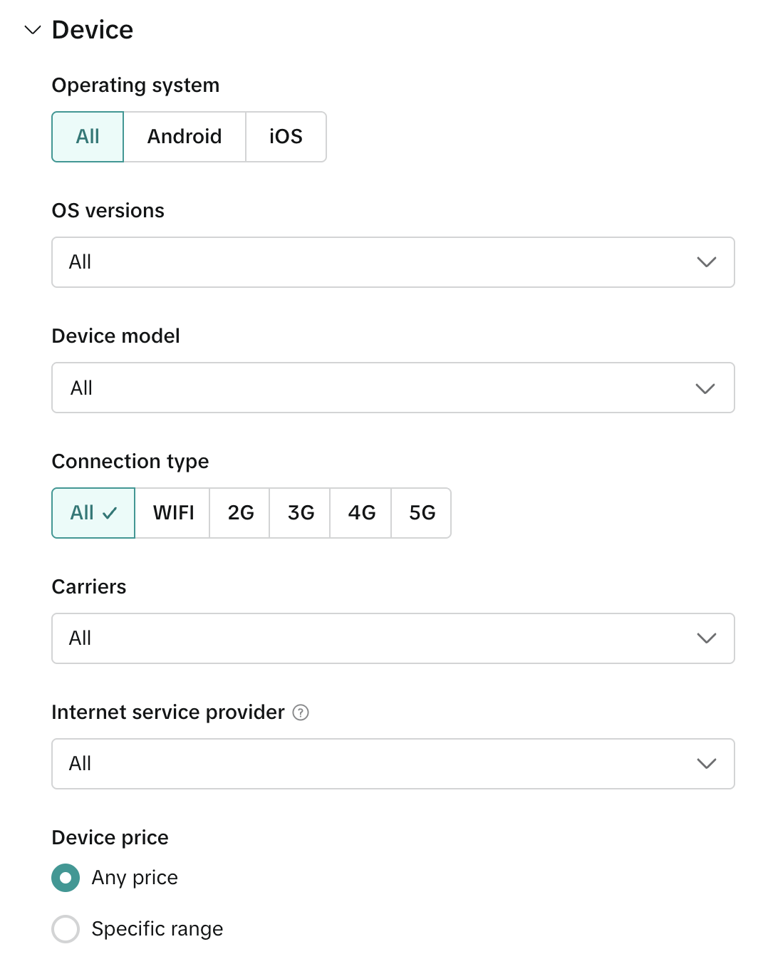 Блок Device: система, модель, подключение и цена устройства в TikTok Ads Manager