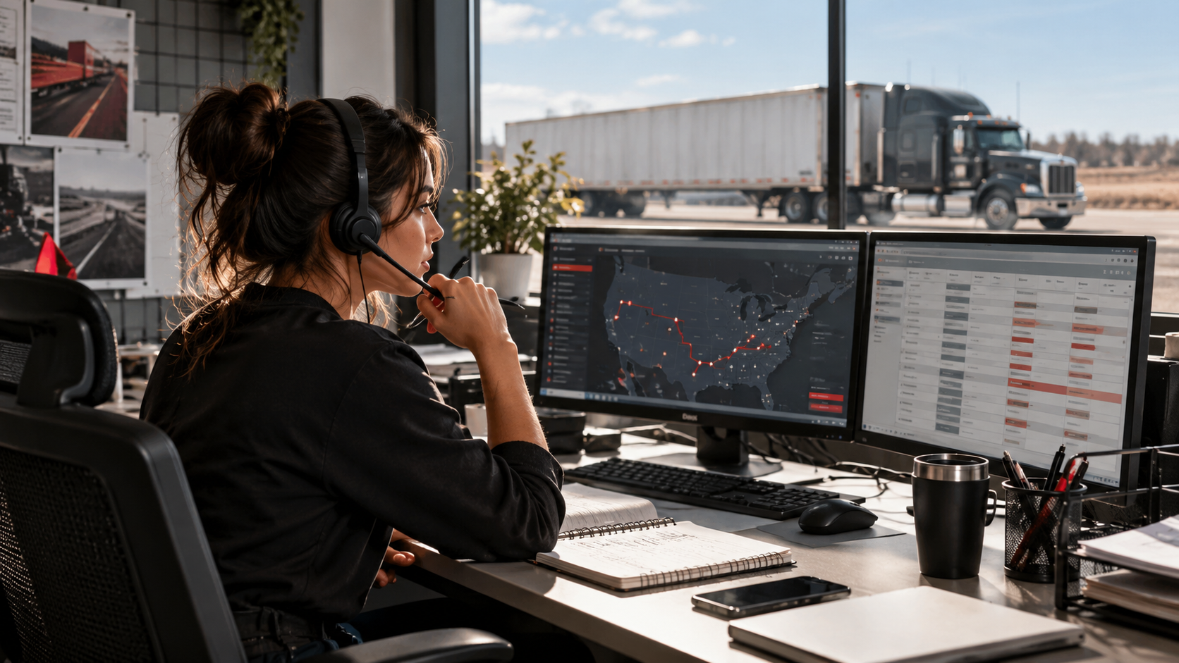 Truck dispatcher reviewing a trip plan at a desk.