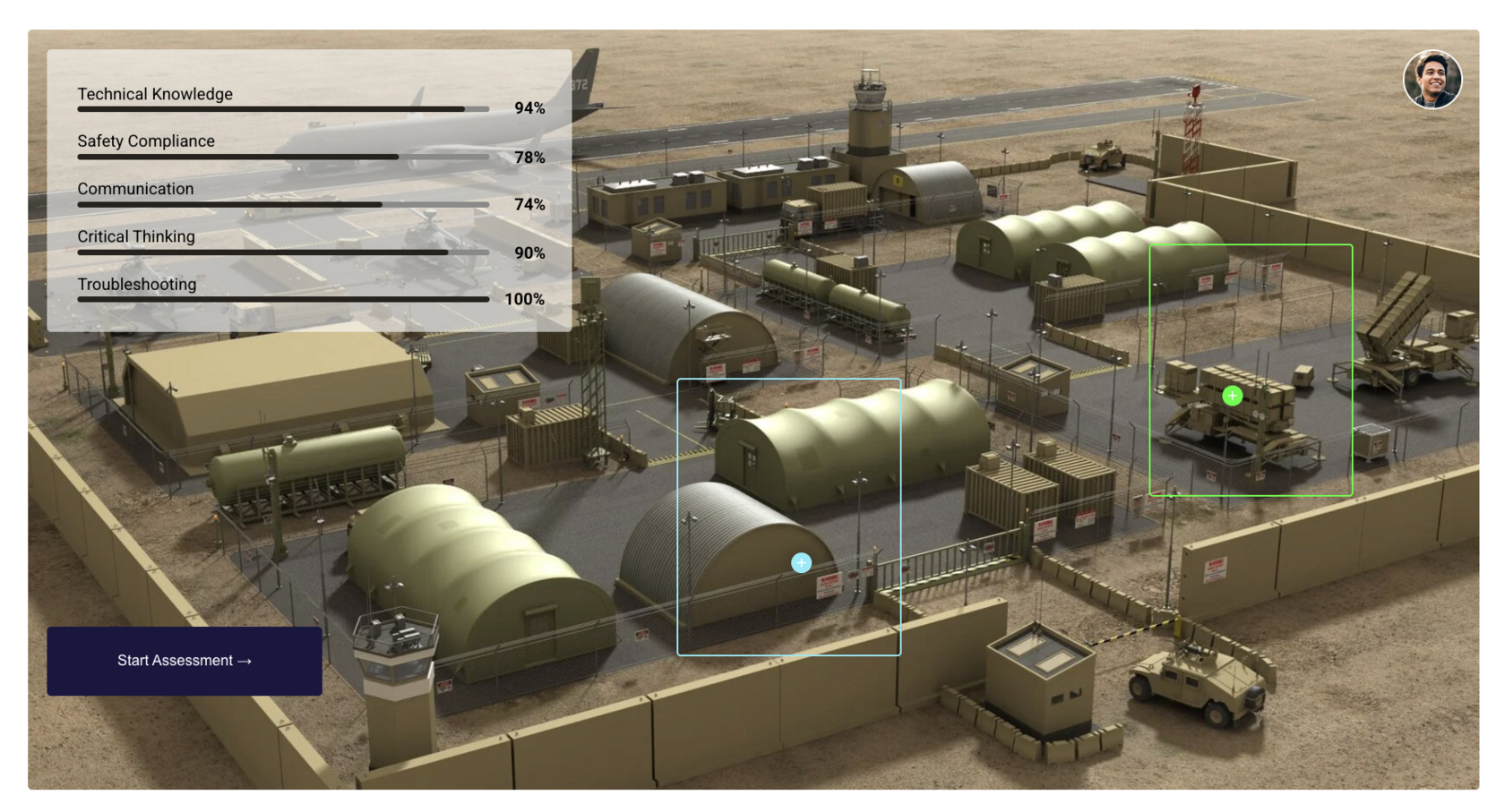 The PowerTechs simulation environment: an operational site rendered in 3D with interactive equipment hotspots, a live skill profile panel scoring technical knowledge, safety compliance, communication, critical thinking and troubleshooting, and a Start Assessment control.